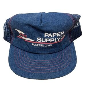 Vintage Denim Trucker Hat Cap Made In USA 80s Mesh Snap Back Paper Supply Blue U